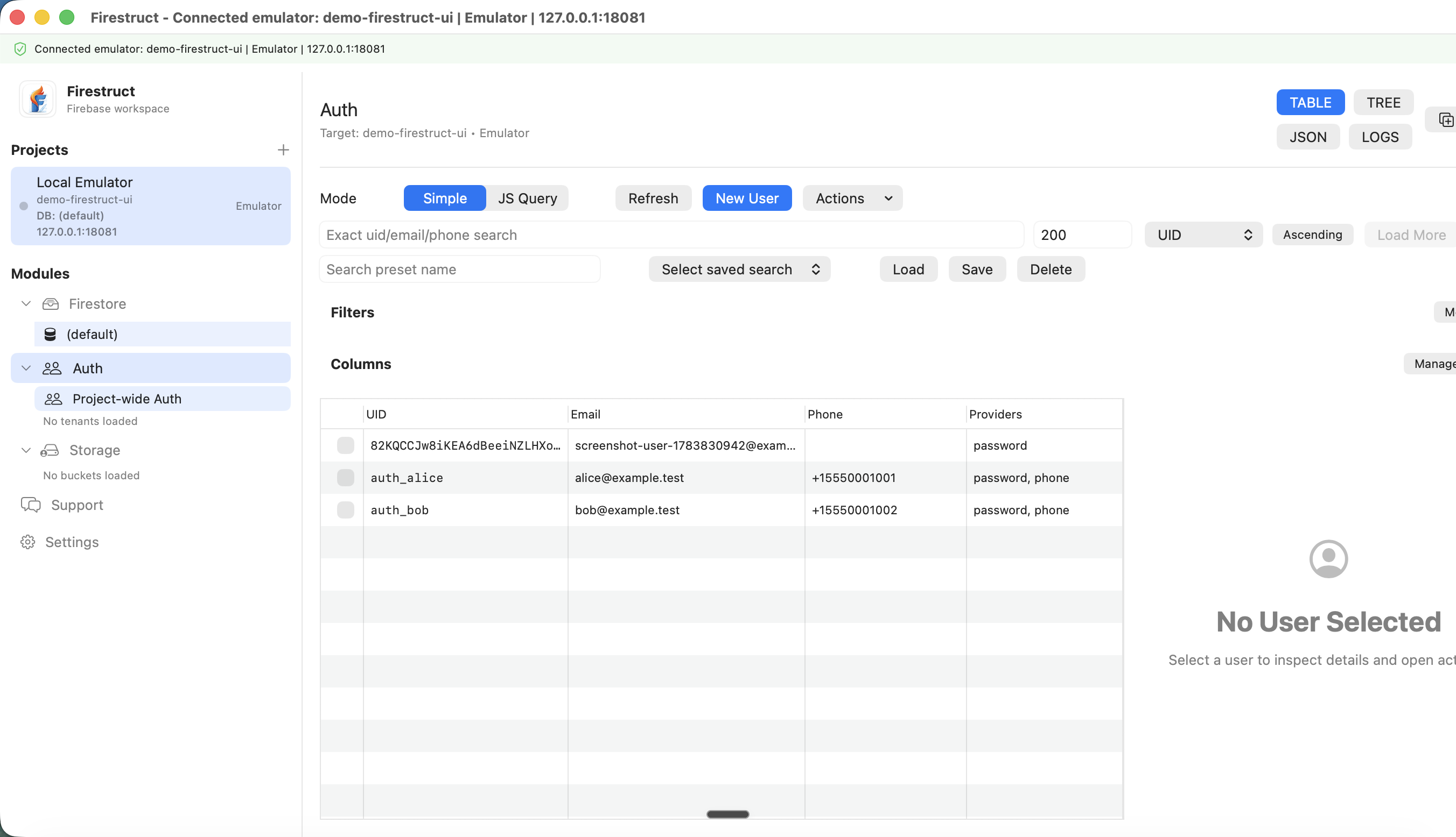 Firestruct Firebase Auth admin GUI showing users, email addresses, providers and account details in a table.