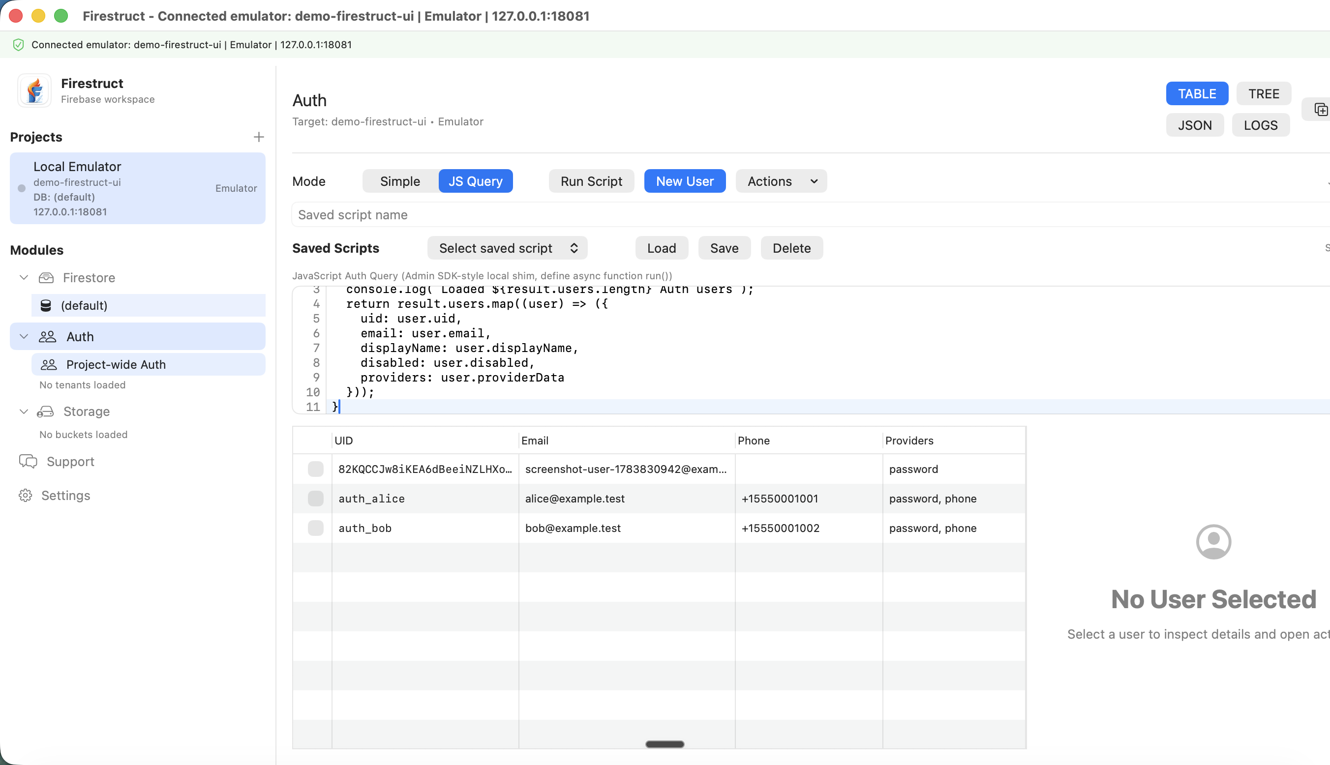 Firestruct Authentication JavaScript query editor showing an admin auth script and structured Firebase user results.