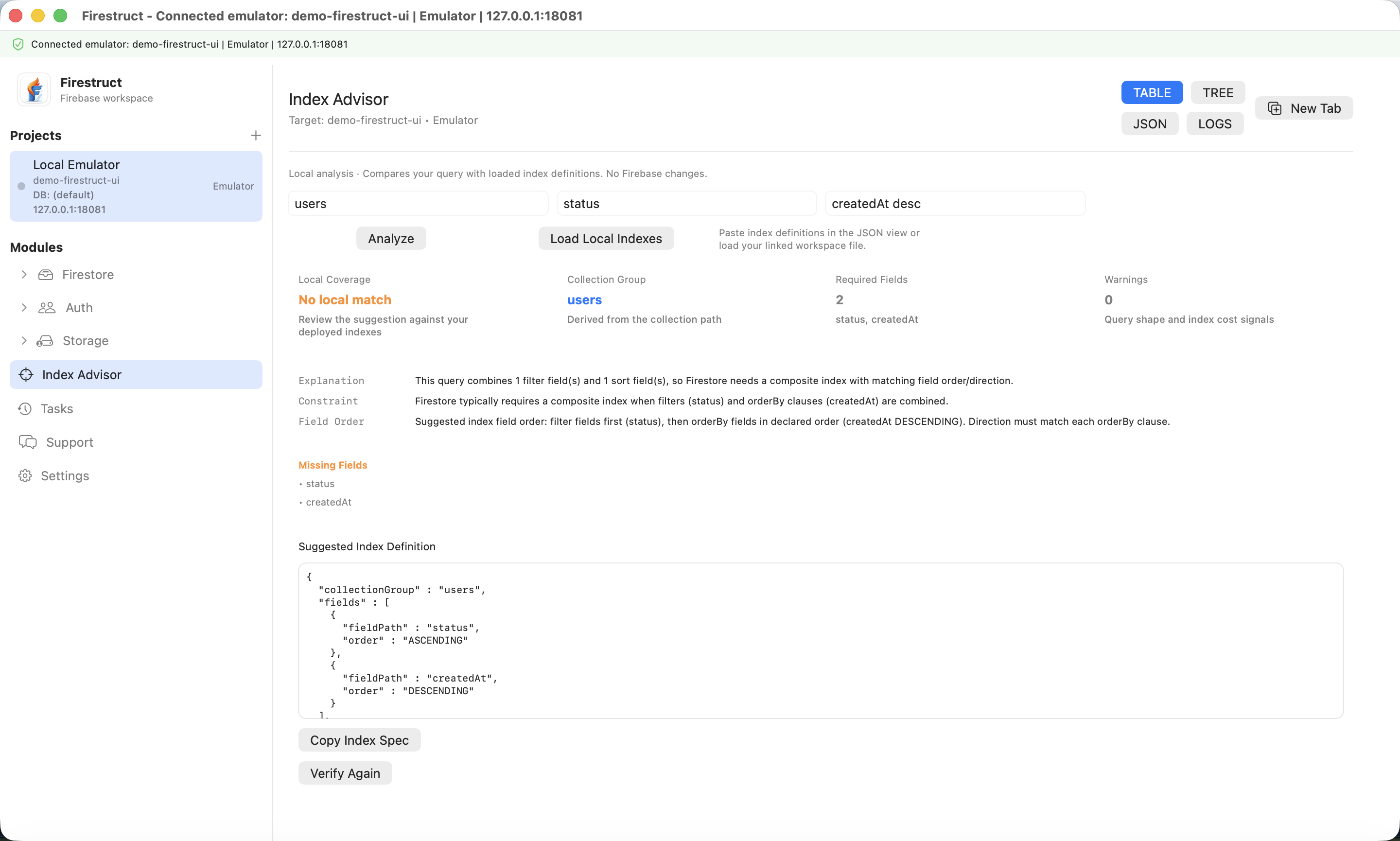Firestruct Index Advisor showing local query coverage and a suggested composite index.