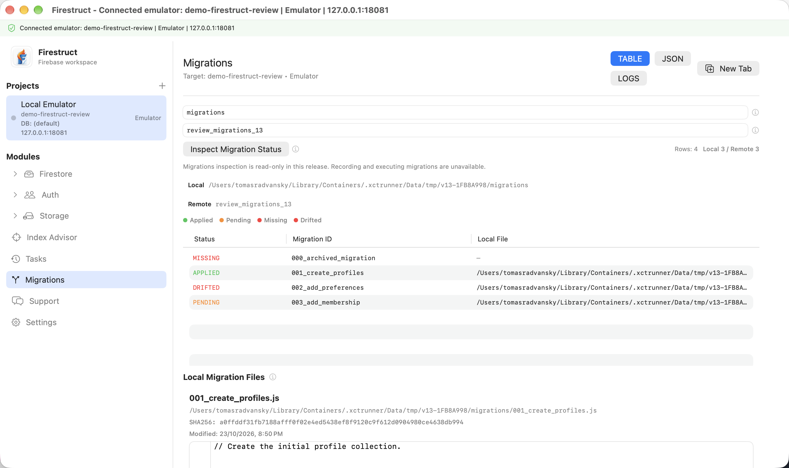 Firestruct 1.3 preview showing read-only applied, pending, missing, and drifted Fireway migration statuses against a Firebase emulator.